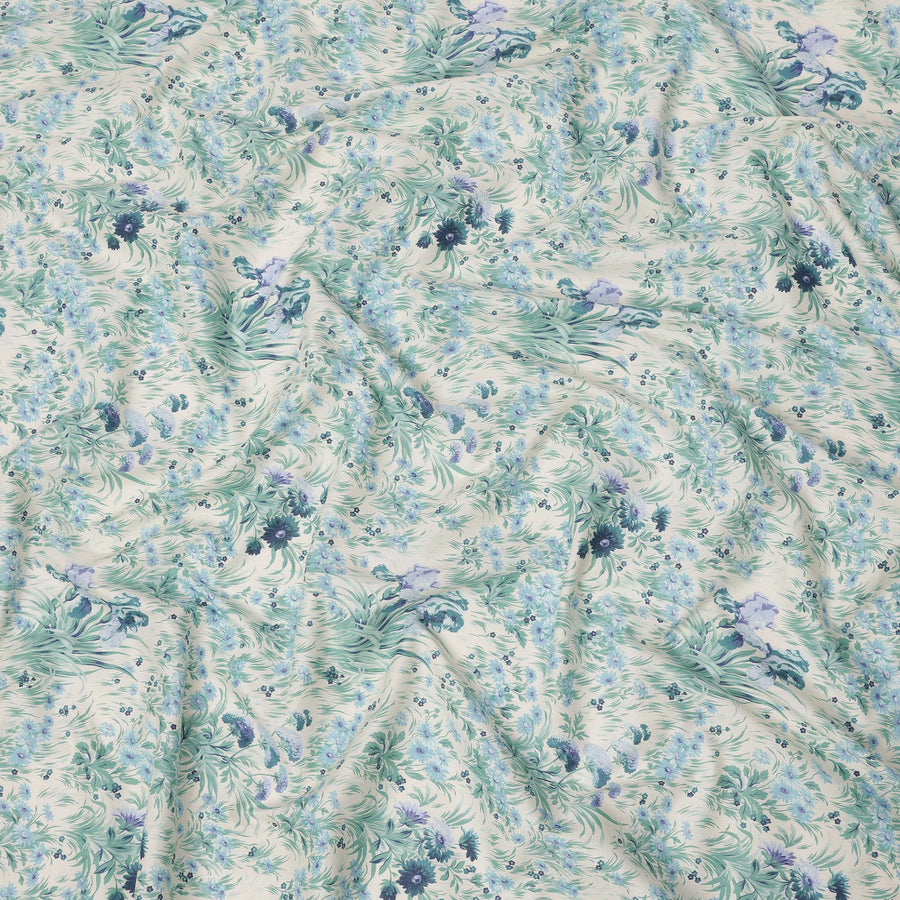 Ivory Cotton Lawn Fabric with Mint Green and Blue Botanical Floral Print, 110 Cms Width, Made in Japan-D24182