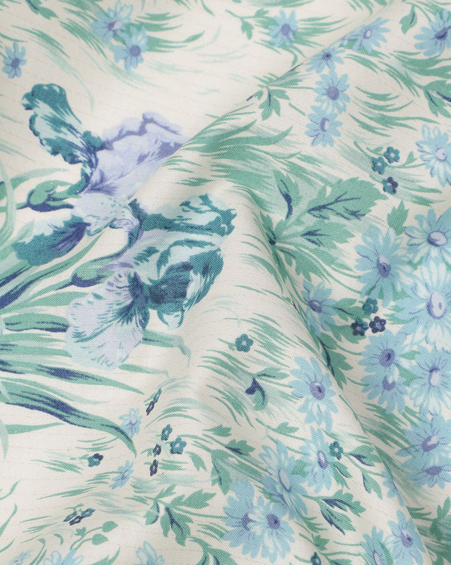 Ivory Cotton Lawn Fabric with Mint Green and Blue Botanical Floral Print, 110 Cms Width, Made in Japan-D24182