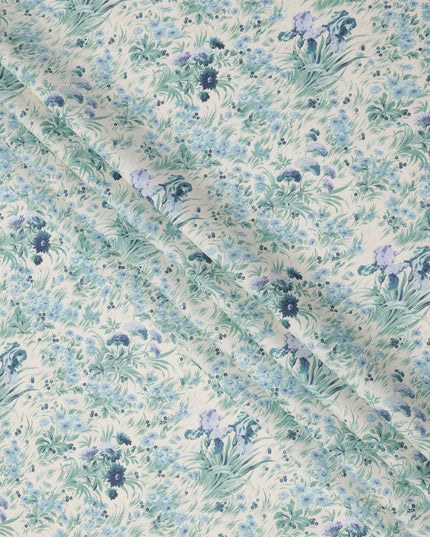 Ivory Cotton Lawn Fabric with Mint Green and Blue Botanical Floral Print, 110 Cms Width, Made in Japan-D24182