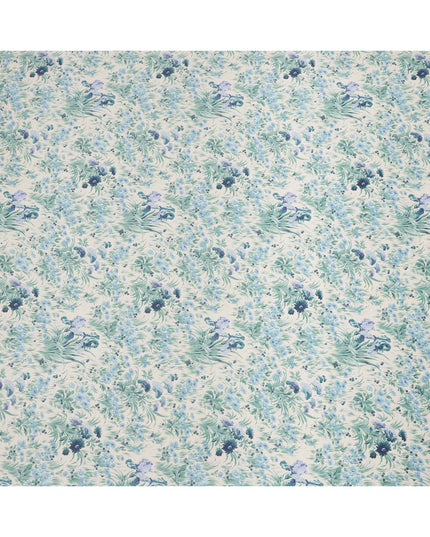 Ivory Cotton Lawn Fabric with Mint Green and Blue Botanical Floral Print, 110 Cms Width, Made in Japan-D24182