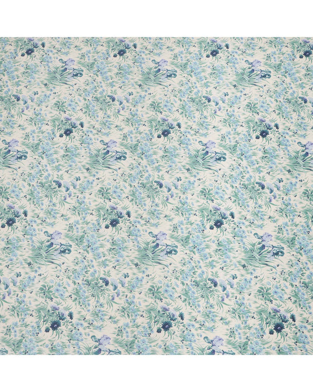 Ivory Cotton Lawn Fabric with Mint Green and Blue Botanical Floral Print, 110 Cms Width, Made in Japan-D24182