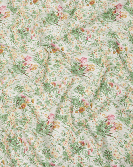 Off-White Cotton Lawn Fabric with Pink and Yellow Floral Garden Print, 110 Cms Width, Made in Japan-D24183