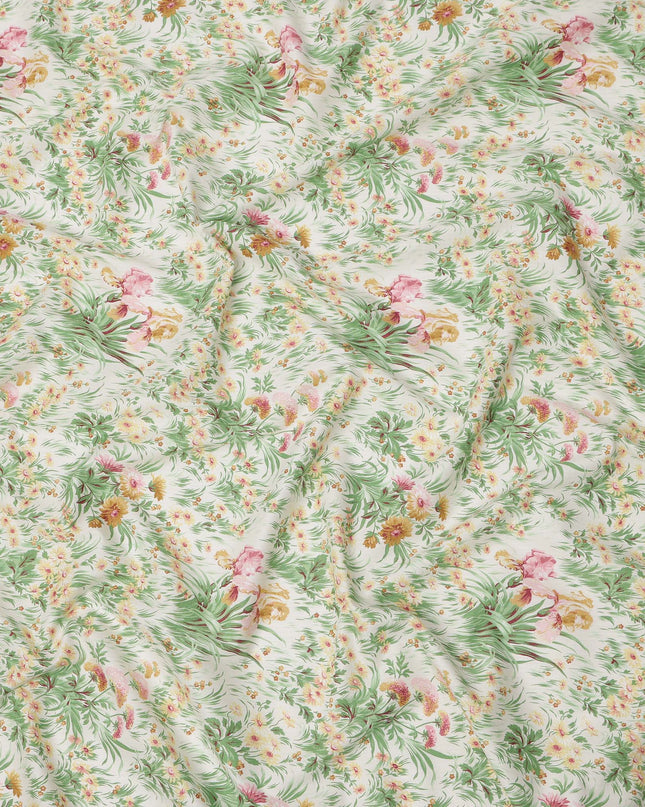 Off-White Cotton Lawn Fabric with Pink and Yellow Floral Garden Print, 110 Cms Width, Made in Japan-D24183