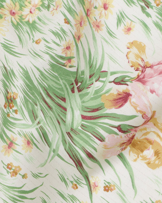 Off-White Cotton Lawn Fabric with Pink and Yellow Floral Garden Print, 110 Cms Width, Made in Japan-D24183