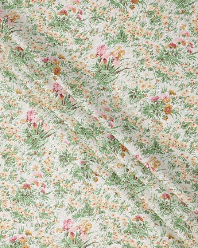 Off-White Cotton Lawn Fabric with Pink and Yellow Floral Garden Print, 110 Cms Width, Made in Japan-D24183
