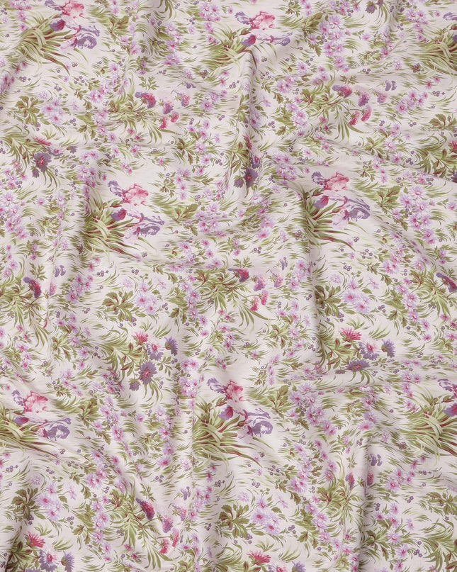 Blush Pink Cotton Lawn Fabric with Mauve and Green Floral Print, 110 Cms Width, Made in Japan-D24184