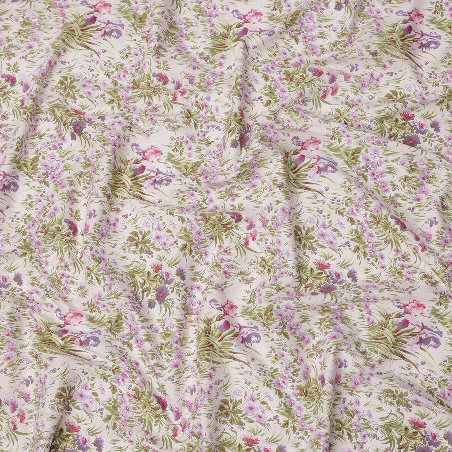 Blush Pink Cotton Lawn Fabric with Mauve and Green Floral Print, 110 Cms Width, Made in Japan-D24184