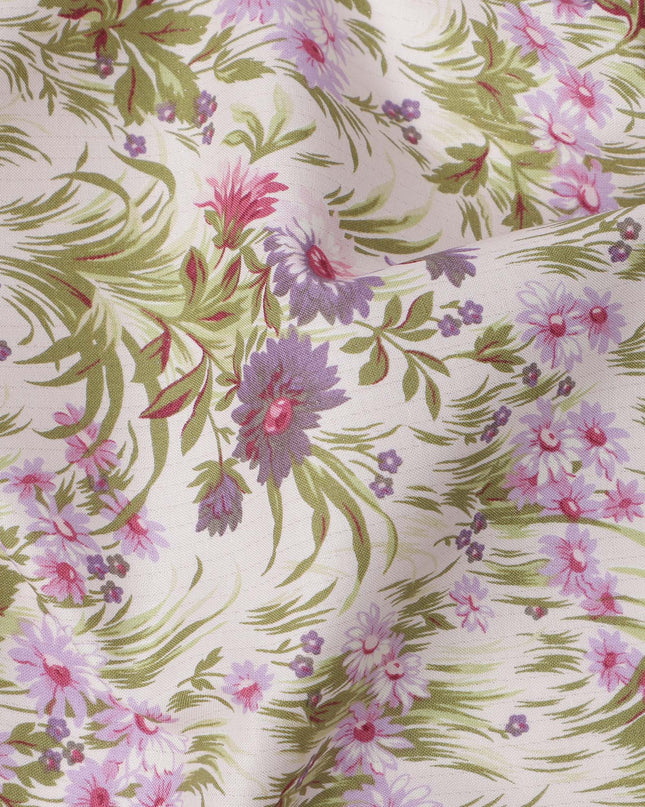 Blush Pink Cotton Lawn Fabric with Mauve and Green Floral Print, 110 Cms Width, Made in Japan-D24184