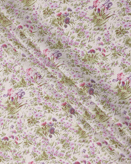 Blush Pink Cotton Lawn Fabric with Mauve and Green Floral Print, 110 Cms Width, Made in Japan-D24184