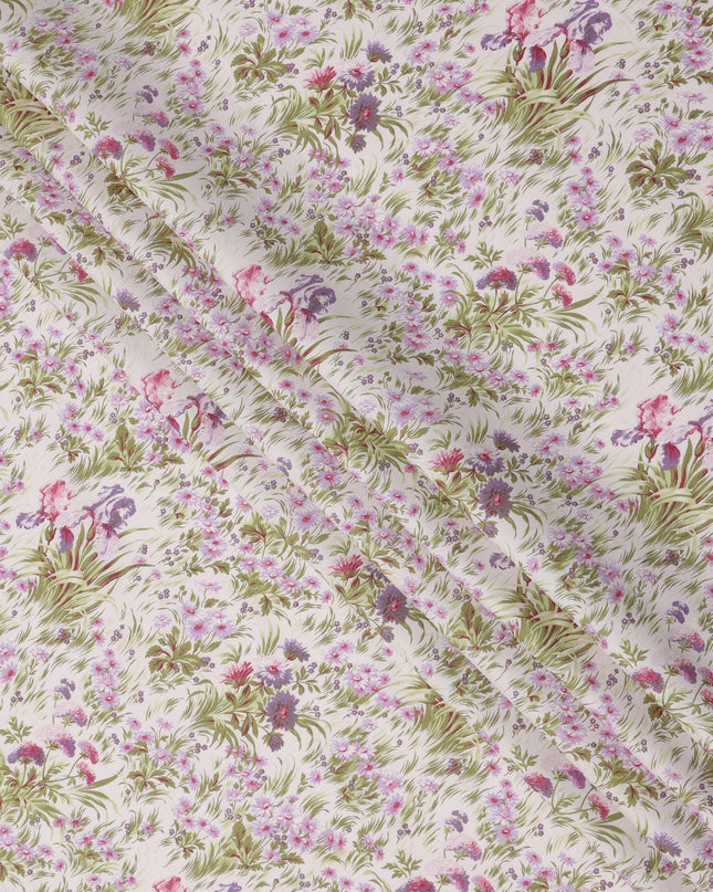 Blush Pink Cotton Lawn Fabric with Mauve and Green Floral Print, 110 Cms Width, Made in Japan-D24184