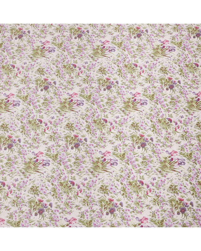Blush Pink Cotton Lawn Fabric with Mauve and Green Floral Print, 110 Cms Width, Made in Japan-D24184