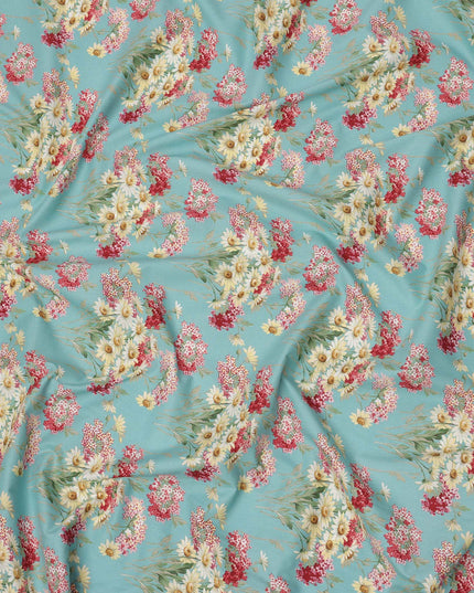 Turquoise Blue Cotton Lawn Fabric with Red and Yellow Daisy Floral Print, 110 Cms Width, Made in Japan-D24185 Regal Fabrics