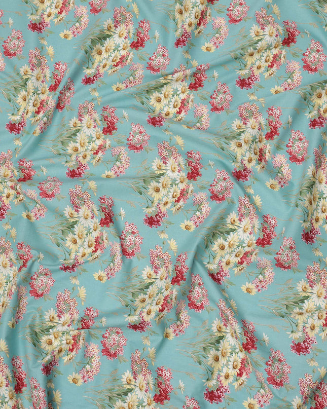 Turquoise Blue Cotton Lawn Fabric with Red and Yellow Daisy Floral Print, 110 Cms Width, Made in Japan-D24185 Regal Fabrics