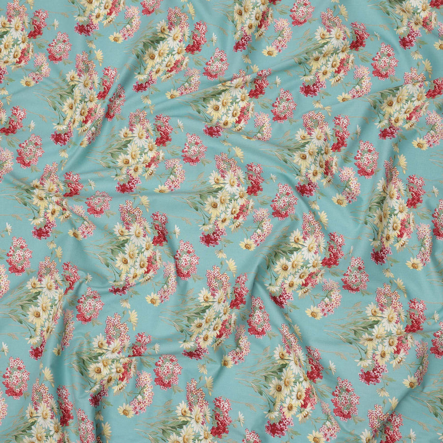Turquoise Blue Cotton Lawn Fabric with Red and Yellow Daisy Floral Print, 110 Cms Width, Made in Japan-D24185 Regal Fabrics