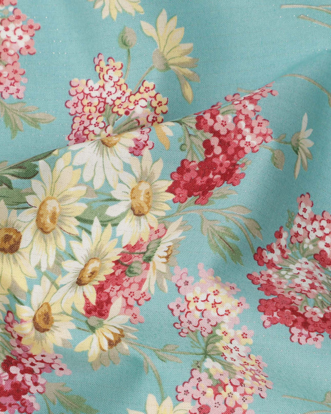 Turquoise Blue Cotton Lawn Fabric with Red and Yellow Daisy Floral Print, 110 Cms Width, Made in Japan-D24185 Regal Fabrics