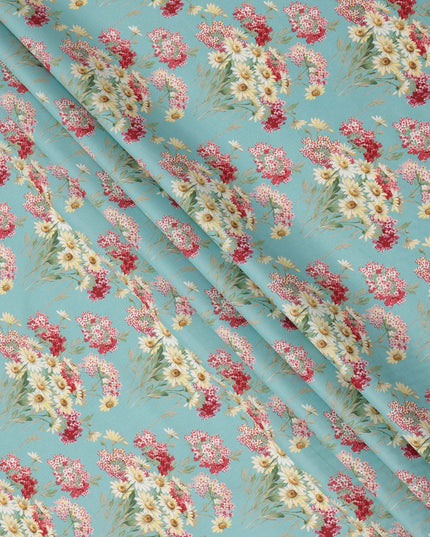 Turquoise Blue Cotton Lawn Fabric with Red and Yellow Daisy Floral Print, 110 Cms Width, Made in Japan-D24185 Regal Fabrics