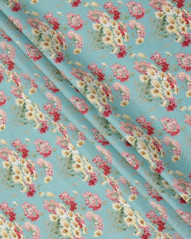 Turquoise Blue Cotton Lawn Fabric with Red and Yellow Daisy Floral Print, 110 Cms Width, Made in Japan-D24185 Regal Fabrics