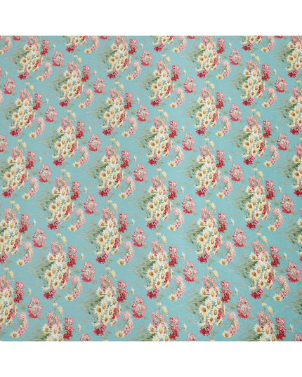 Turquoise Blue Cotton Lawn Fabric with Red and Yellow Daisy Floral Print, 110 Cms Width, Made in Japan-D24185 Regal Fabrics