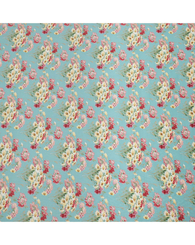 Turquoise Blue Cotton Lawn Fabric with Red and Yellow Daisy Floral Print, 110 Cms Width, Made in Japan-D24185 Regal Fabrics