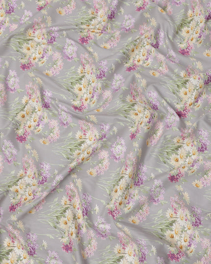 قماش قطني رمادي لافندر مع طبعة زهور الأقحوان الوردية والأصفر، عرض 110 سم، صنع في اليابان - D24186