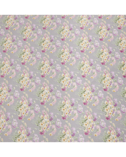 قماش قطني رمادي لافندر مع طبعة زهور الأقحوان الوردية والأصفر، عرض 110 سم، صنع في اليابان - D24186