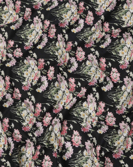 Black Cotton Lawn Fabric with Pink and White Daisy Floral Print, 110 Cms Width, Made in Japan-D24187