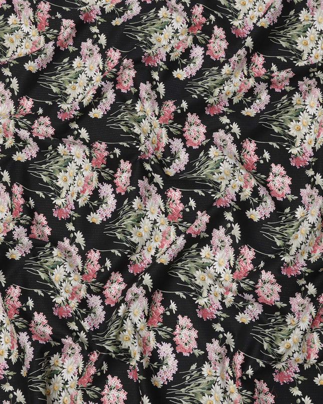 Black Cotton Lawn Fabric with Pink and White Daisy Floral Print, 110 Cms Width, Made in Japan-D24187