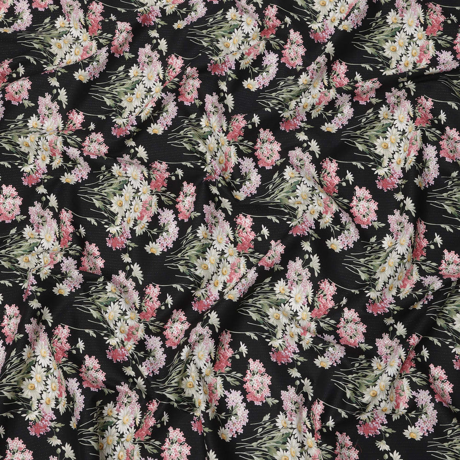 Black Cotton Lawn Fabric with Pink and White Daisy Floral Print, 110 Cms Width, Made in Japan-D24187