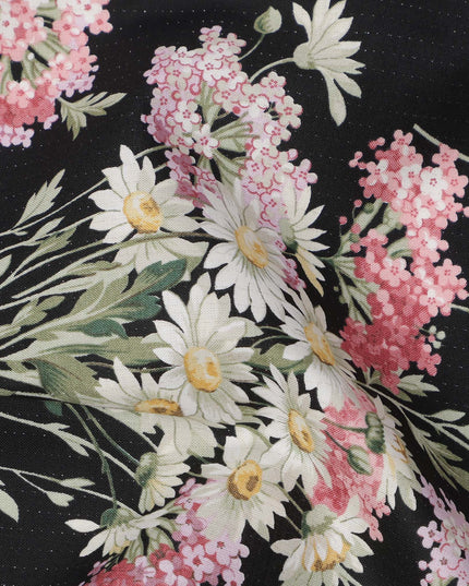 Black Cotton Lawn Fabric with Pink and White Daisy Floral Print, 110 Cms Width, Made in Japan-D24187
