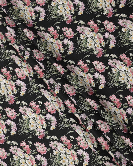 Black Cotton Lawn Fabric with Pink and White Daisy Floral Print, 110 Cms Width, Made in Japan-D24187