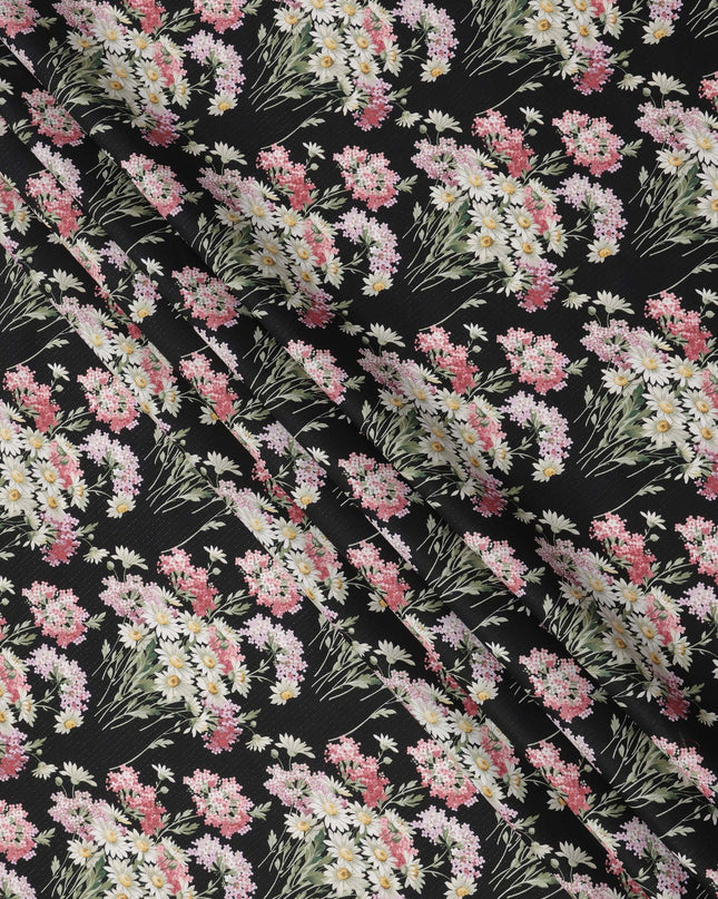 Black Cotton Lawn Fabric with Pink and White Daisy Floral Print, 110 Cms Width, Made in Japan-D24187
