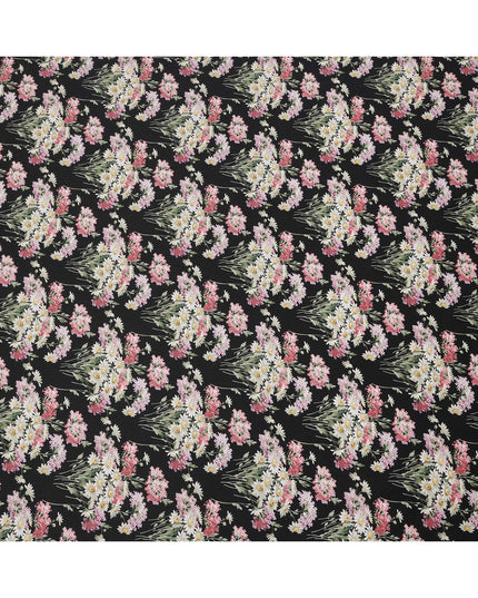 Black Cotton Lawn Fabric with Pink and White Daisy Floral Print, 110 Cms Width, Made in Japan-D24187