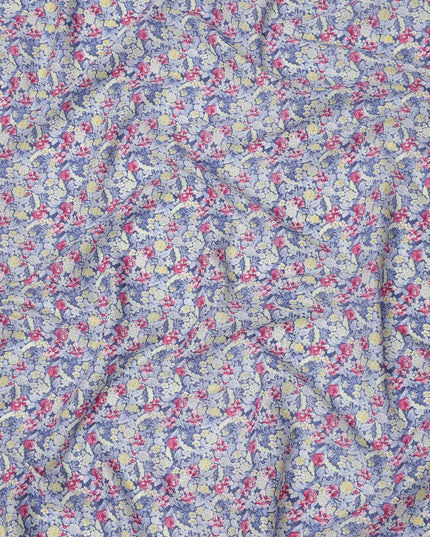 Lavender Blue Cotton Lawn Fabric with Yellow and Pink Vintage Floral Print, 110 Cms Width, Made in Japan-D24188