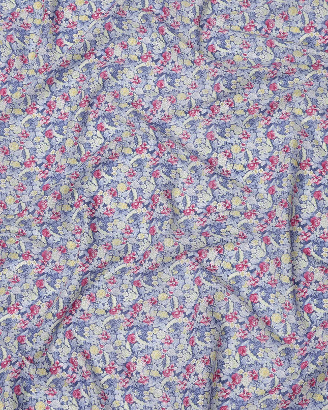 Lavender Blue Cotton Lawn Fabric with Yellow and Pink Vintage Floral Print, 110 Cms Width, Made in Japan-D24188