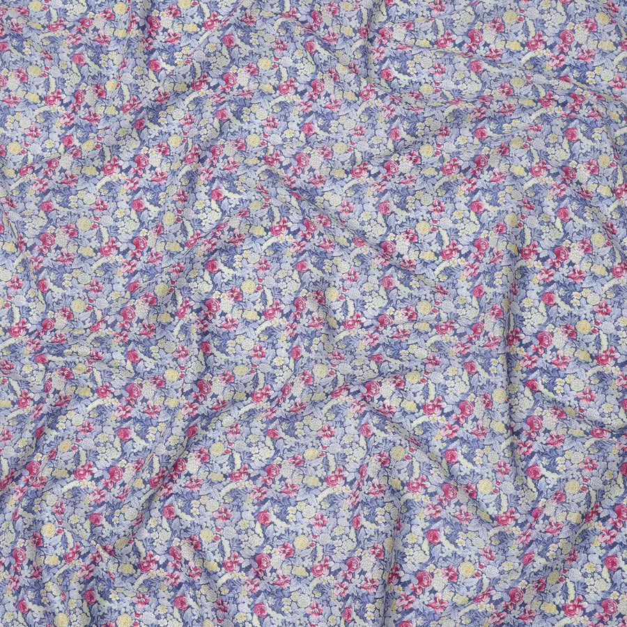Lavender Blue Cotton Lawn Fabric with Yellow and Pink Vintage Floral Print, 110 Cms Width, Made in Japan-D24188
