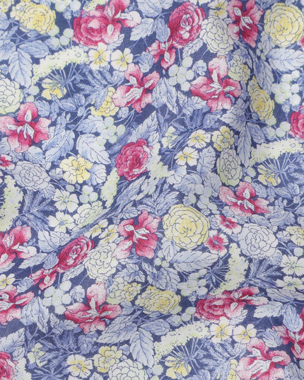 Lavender Blue Cotton Lawn Fabric with Yellow and Pink Vintage Floral Print, 110 Cms Width, Made in Japan-D24188