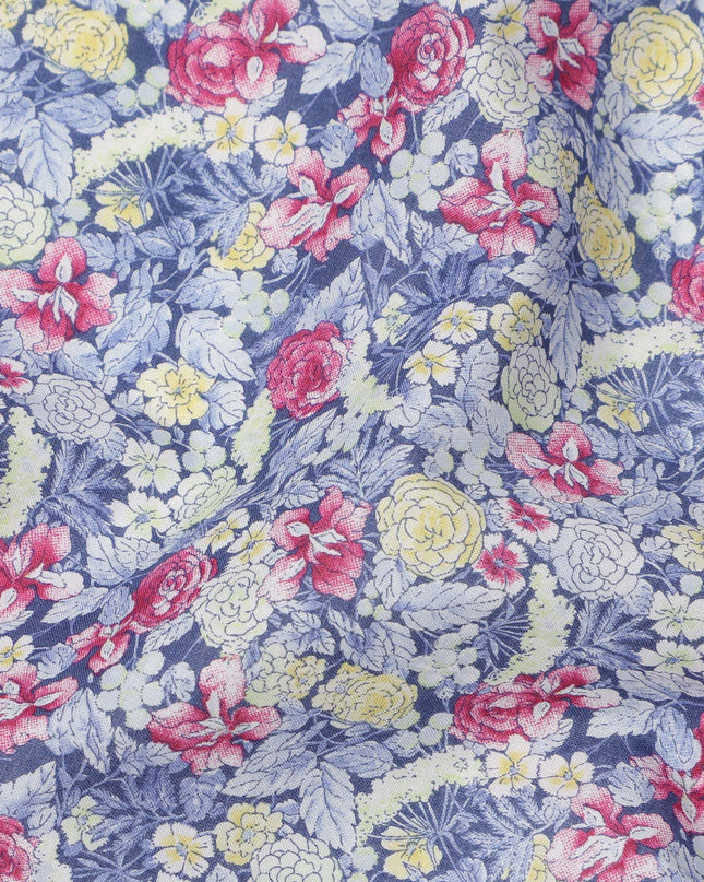 Lavender Blue Cotton Lawn Fabric with Yellow and Pink Vintage Floral Print, 110 Cms Width, Made in Japan-D24188