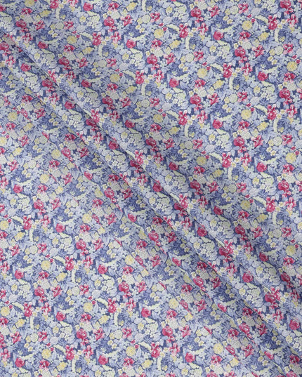 Lavender Blue Cotton Lawn Fabric with Yellow and Pink Vintage Floral Print, 110 Cms Width, Made in Japan-D24188