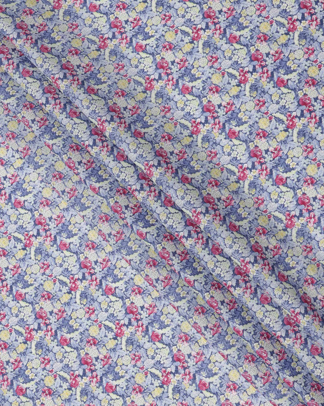 Lavender Blue Cotton Lawn Fabric with Yellow and Pink Vintage Floral Print, 110 Cms Width, Made in Japan-D24188