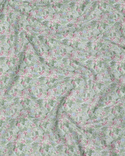 Mint Green Cotton Lawn Fabric with Pink and Blue Garden Floral Print, 110 Cms Width, Made in Japan-D24189 - Regal Fabrics