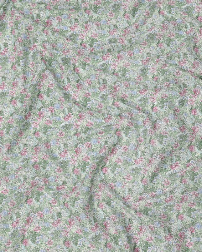 Mint Green Cotton Lawn Fabric with Pink and Blue Garden Floral Print, 110 Cms Width, Made in Japan-D24189 - Regal Fabrics