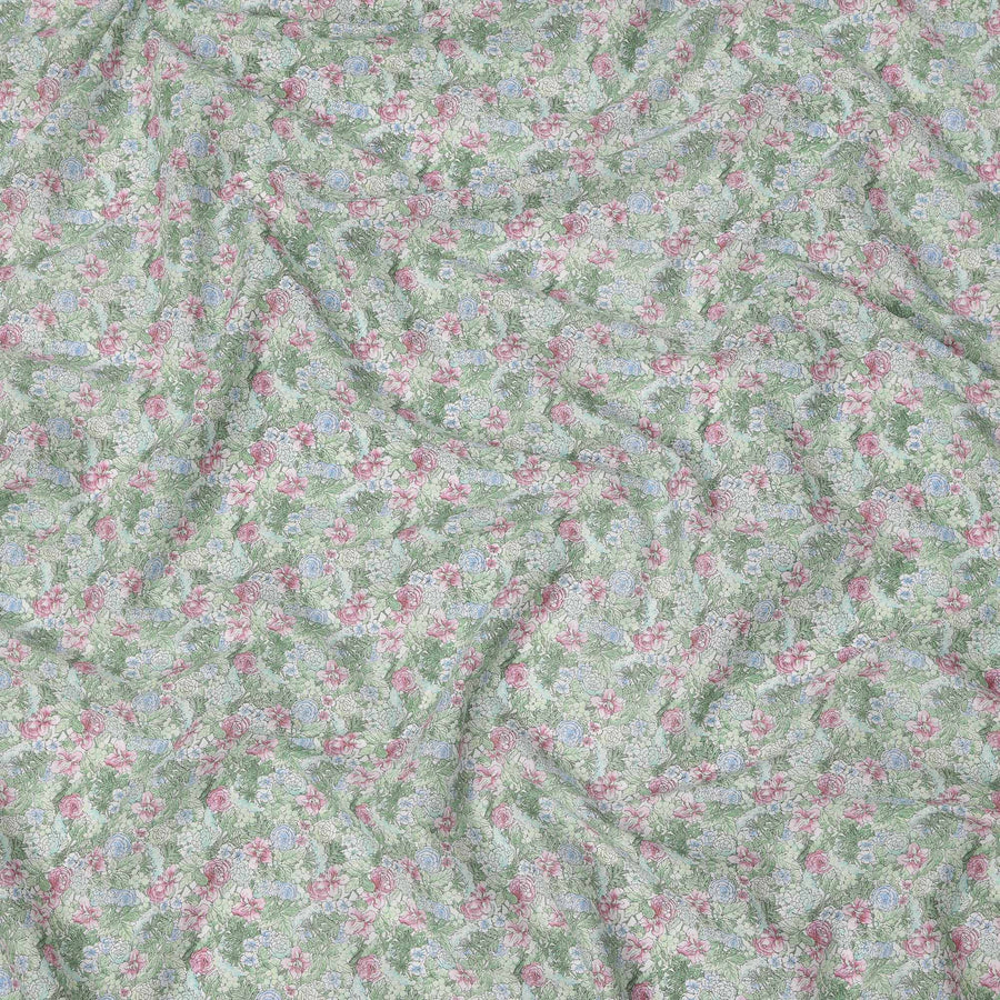 Mint Green Cotton Lawn Fabric with Pink and Blue Garden Floral Print, 110 Cms Width, Made in Japan-D24189 - Regal Fabrics