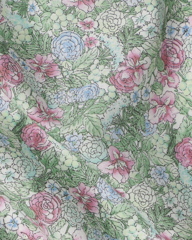 Mint Green Cotton Lawn Fabric with Pink and Blue Garden Floral Print, 110 Cms Width, Made in Japan-D24189 - Regal Fabrics