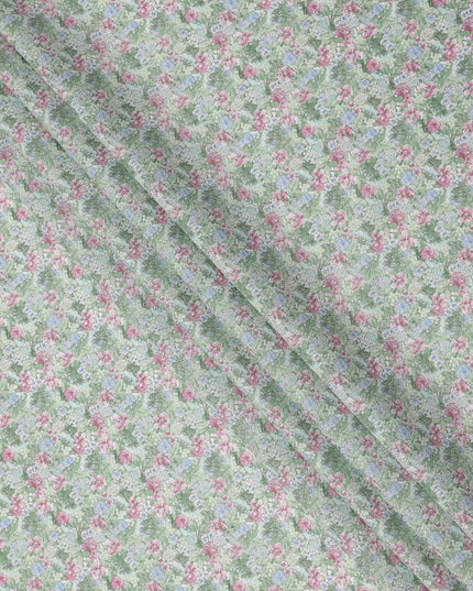 Mint Green Cotton Lawn Fabric with Pink and Blue Garden Floral Print, 110 Cms Width, Made in Japan-D24189 - Regal Fabrics