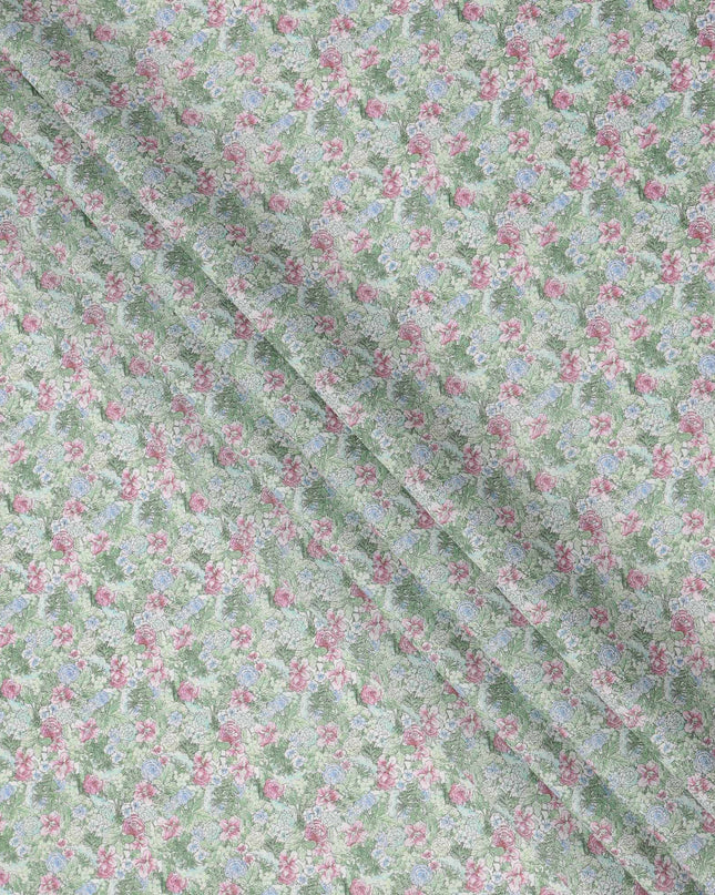 Mint Green Cotton Lawn Fabric with Pink and Blue Garden Floral Print, 110 Cms Width, Made in Japan-D24189 - Regal Fabrics