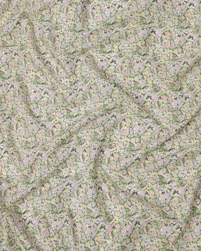 Pastel Green Cotton Lawn Fabric with Beige and White Rose Print, 110 Cms Width, Made in Japan-D24190