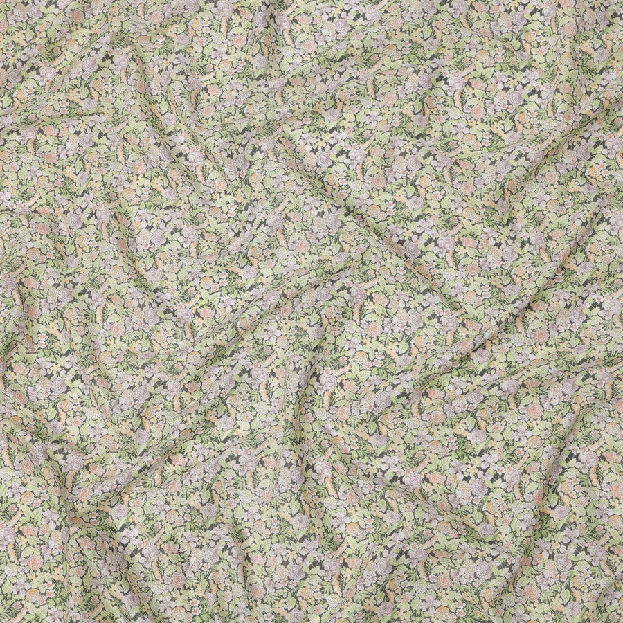 Pastel Green Cotton Lawn Fabric with Beige and White Rose Print, 110 Cms Width, Made in Japan-D24190