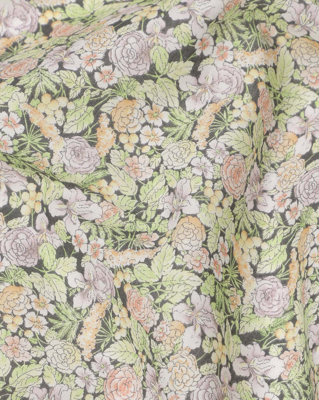 Pastel Green Cotton Lawn Fabric with Beige and White Rose Print, 110 Cms Width, Made in Japan-D24190
