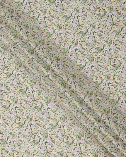 Pastel Green Cotton Lawn Fabric with Beige and White Rose Print, 110 Cms Width, Made in Japan-D24190