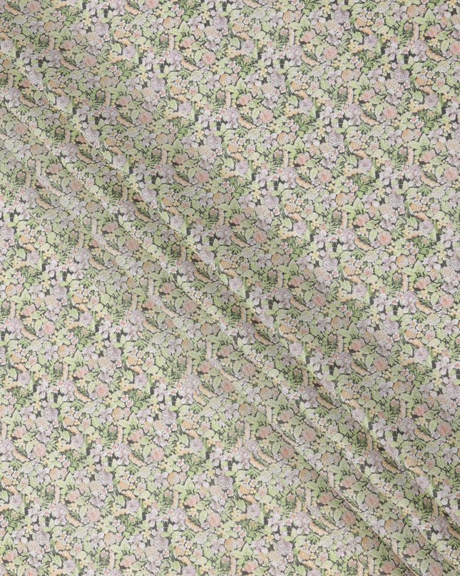 Pastel Green Cotton Lawn Fabric with Beige and White Rose Print, 110 Cms Width, Made in Japan-D24190